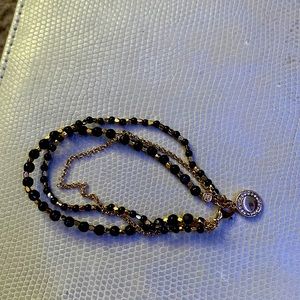 Black and Gold 3 Tiered Layered Anklet with Gold Charm with Swarovski Crystals